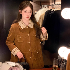 批发原版有内里 美拉德穿搭miu系复古翻领中长款麂皮丝绒<b class='q'>外套</b>工装风衣