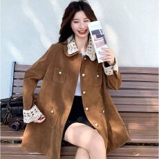 批发原版有内里 复古翻领中长款麂皮/丝绒外套工装风衣美拉德穿搭风衣