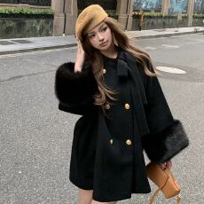 批发秋冬新款韩版高级设计感时尚毛呢外套女秋设计感可拆卸毛毛袖上衣