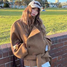 批发立领短款毛呢外套女2025秋冬新款小个子廓形系带时尚呢子大衣韩系