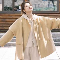 批发设计感腰带黄色短款毛呢外套<b class='q'>女</b>秋冬季宽松小个子羊毛双面呢子大衣
