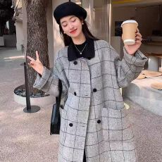 批发大格纹复古设计感呢子大衣外套<b class='q'>中长款</b>秋冬季人字纹时尚毛呢外套女