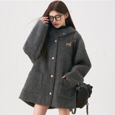 批发己出货 慵懒风连帽毛方高级感<b class='q'>中长款</b>加厚呢子大衣