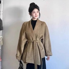批发原版质量新款韩版<b class='q'>中长款</b>小个子羊毛大衣女浴袍款系带收腰毛呢外套