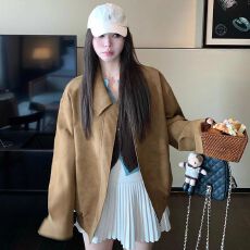 批发原版做法 美式复古麂皮绒翻领休闲外套上衣美拉德宽松棕色夹克女