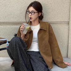 批发原版做法 新款复古麂皮绒外套女秋冬季宽松翻领休闲机车夹克<b class='q'>上衣</b>