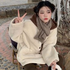 批发冬季新款复古拼色连帽厚实羊羔绒保暖<b class='q'>外套</b>大衣女大口袋宽松上衣女