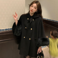 批发高级感法式毛呢外套秋冬新款气质加厚保暖毛毛袖口呢子大衣小个子