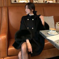 批发高级感法式毛呢外套秋冬新款气质加厚保暖毛毛袖口呢子大衣小个子