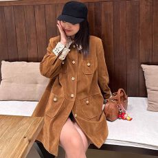 批发原版有内里 复古翻领中长款麂皮/<b class='q'>丝绒</b>外套工装风衣女 美拉德穿搭