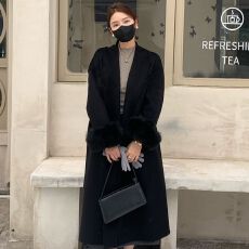 批发2026秋冬新款赫本风呢子大衣女中长款黑色气质<b class='q'>狐狸毛</b>袖口毛呢外套