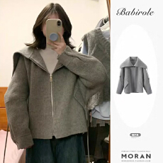 批发韩系宽松海军领披肩灰色毛呢外套女冬季新款短款小个子呢子大衣