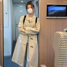批发纯色学院风长袖牛角扣日系百搭工装休闲外套春<b class='q'>秋</b>新款中长款风衣女