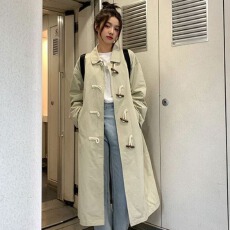 批发纯色学院风长袖牛角扣日系百搭工装休闲外套春<b class='q'>秋</b>新款中长款风衣女