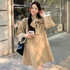 批发原版质量<b class='q'>甜美</b>法式千金风蝴蝶结风衣外套早秋小个子宽松中长款大衣