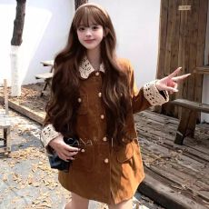 批发原版有内里小香风外套女美拉德穿搭翻领中长款麂皮小个子丝绒风衣