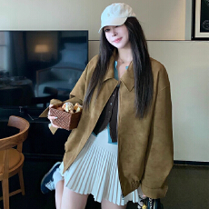 批发原版做法 美式复古麂皮绒翻领休闲外套上衣美拉德宽松棕色夹克女