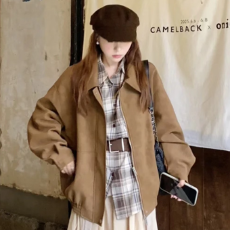 批发原版做法美式麂皮绒翻领外套女秋冬宽松时尚加厚棕色休闲夹克上衣