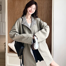 批发日系复古立领高级穿格子风衣外套女<b class='q'>春</b>秋新款宽松中长款英伦风大衣