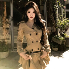 批发原版做法+腰带秋冬新款美式复古收腰风衣辣妹美拉德工装连衣裙