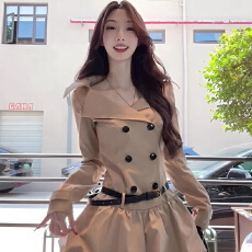 批发原版做法+腰带 复古大翻领显瘦蓬蓬裙 <b class='q'>双排扣</b><b class='q'>风衣</b>式收腰连衣裙女