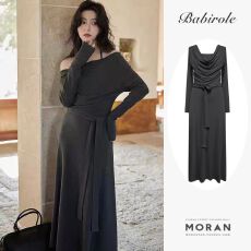 批发灰色一字肩挂脖吊带<b class='q'>连衣裙</b>子女春秋纯色2026新款法式气质收腰<b class='q'>长裙</b>