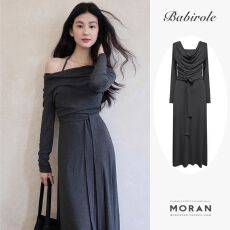 批发法式秋冬新款荡领温柔吊带挂脖灰色针织<b class='q'>连衣裙</b>女春秋季修身长裙女