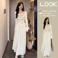 批发高级感露肩纯欲长袖一整套穿搭<b class='q'>打底连衣裙</b>女春秋韩系配大衣两件套