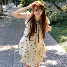 批发原版做法有内里露肩挂脖连衣<b class='q'>裙</b>女小个子短袖波点气质蓬蓬<b class='q'>娃娃</b>短<b class='q'>裙</b>