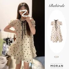 批发原版做法有内里复古法式气质泡泡袖波点<b class='q'>连衣裙</b>女蝴蝶结露肩短袖裙