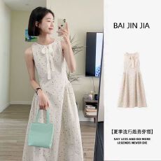 批发夏季新款法式温柔风初恋白色波点碎花无袖蝴蝶结<b class='q'>连衣裙</b>高级感长裙