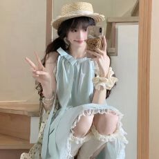 批发原版做法有内里<b class='q'>套装</b>裙女薄荷曼波风蝴蝶结挂脖上衣半身裙两件<b class='q'>套装</b>