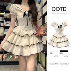 批发原版做法有内里韩漫纯欲学院风海军领连衣裙提花收腰蓬蓬公主短裙