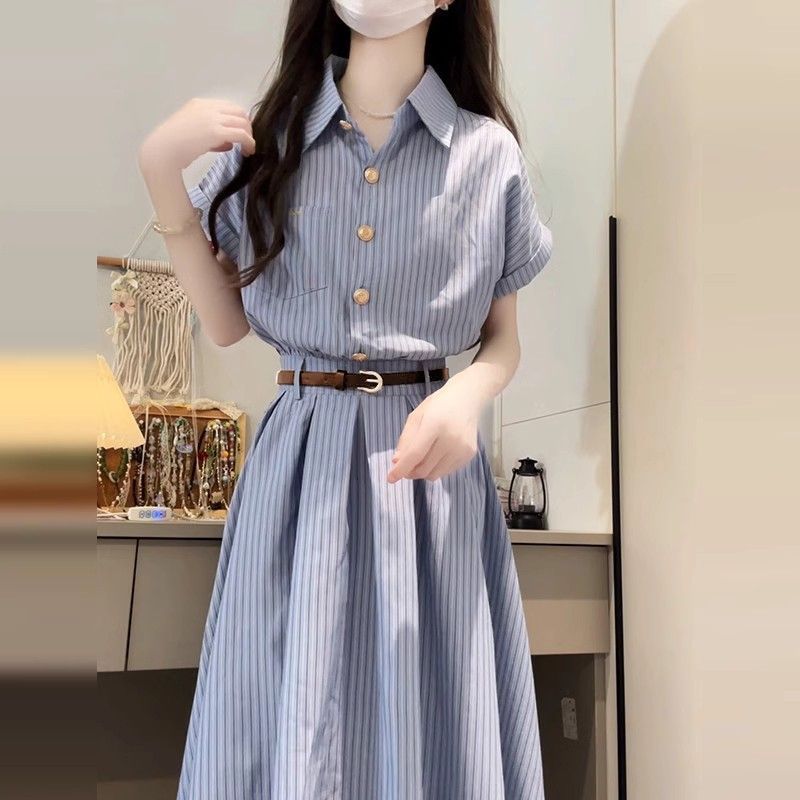 원본 것 벨트 보내기 프랑스식 그는 벤 바람 아름다운 슈퍼 잘 생긴 패션 롱 스커트 품격 polo 셔츠 드레스