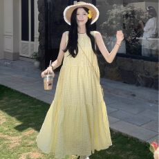 批发原版做法有内里UM黄色格子连衣裙度假风宽松休闲长款大摆a字裙子
