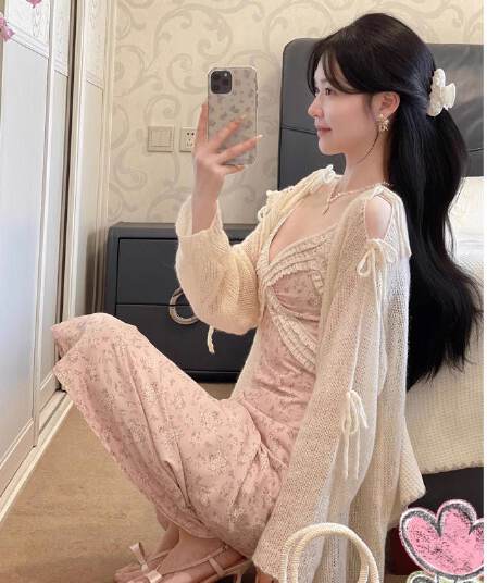 여름 새로운 프랑스식 순수한 욕망 바람 V넥 꽃무늬 슬립 여성 드레스 슬립 레이스 조각 허리 수축 길다 치마
