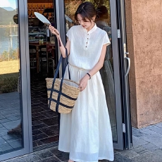 批发新中式国风两件套装纽扣下摆抽绳短袖上衣女松紧腰半身裙夏季套装