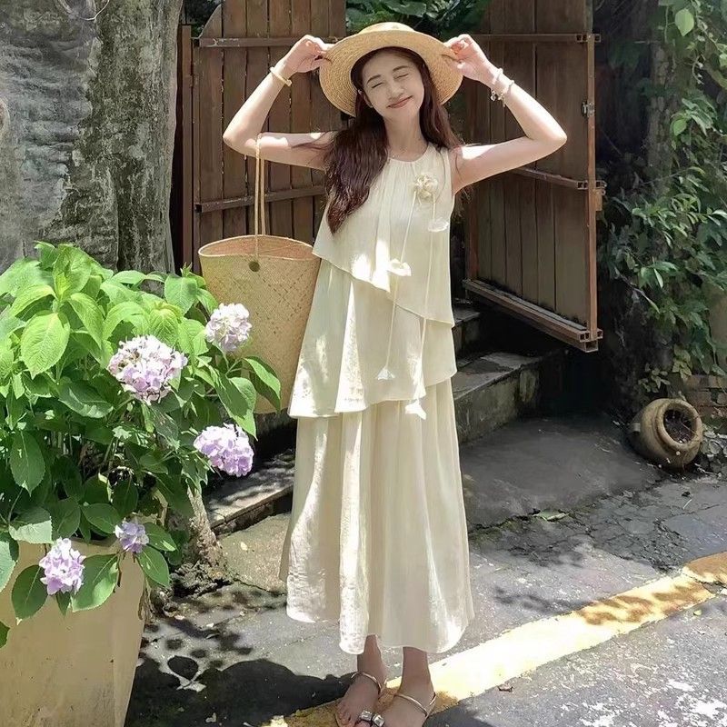 원본 것 있음 네리 불규칙 층 프릴 쉬폰 드레스 루즈핏 표지 배 아름다운 민소매 치마