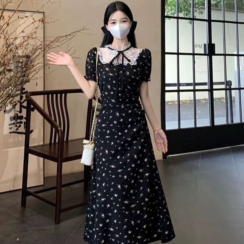 프랑스식 레트로 꽃무늬 거품 소매 여성 드레스 여름 자이언트 잘 생긴 작은 키 허리 수축 아름다운 슈퍼 화재 길다 치마