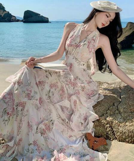 원본 것 있음 네리 프랑스식 새로운 부드러운 바람 자이언트 잘 생긴 ~ 중 V넥 꽃무늬 케이크 퍼프 슬립 롱 스커트