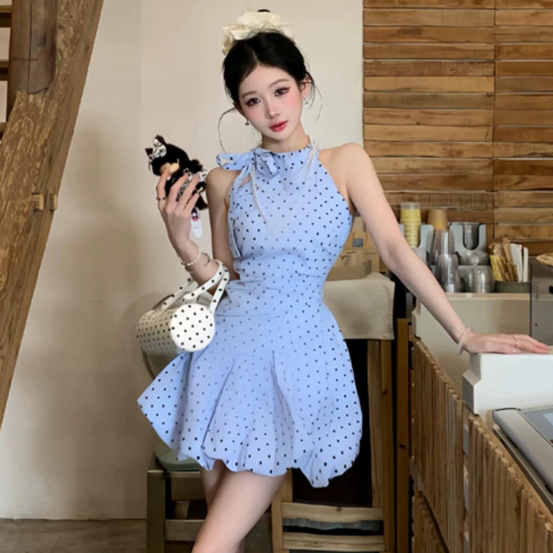 원본 것 있음 네리 프랑스식 파란색 도트 무늬 스트랩 행침 목 계절 해변가 휴가 핫걸 허리 수축 꽃밭 미니 스커트