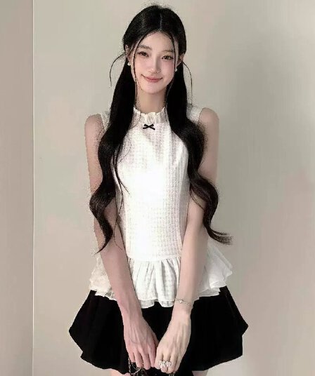 한 부서 품격 천 금빛 바람 민소매 체크무늬 꽃밭 작은 키 미니 스커트 슈퍼 화재 여름 드레스 전체 집합