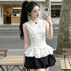 批发原版做法 韩系气质无袖格纹上衣甜美少女感花苞裙半身短裙两件套