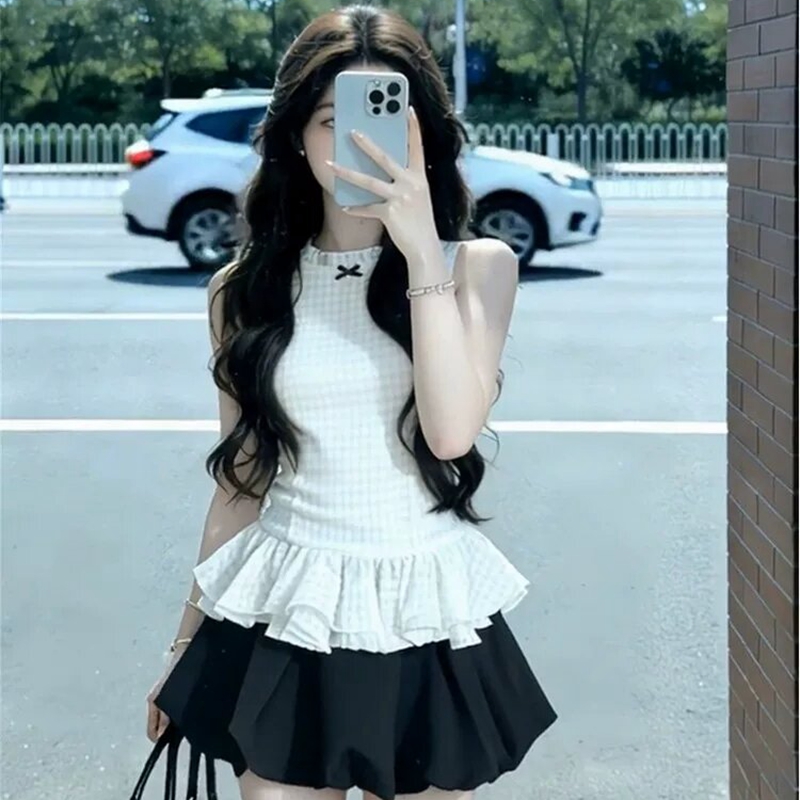 한 부서 천 골드 품격 민소매 허리 수축 맨위 전체 집합 꽃밭 투피스 조끼 미니 스커트 세트