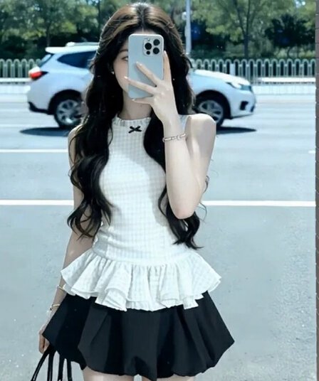한 부서 천 골드 품격 민소매 허리 수축 맨위 전체 집합 꽃밭 투피스 조끼 미니 스커트 세트
