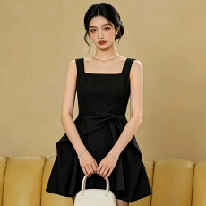 批发原版做法 法式新款百搭高级感女夏法式蝴蝶结气质显瘦无袖a字短裙