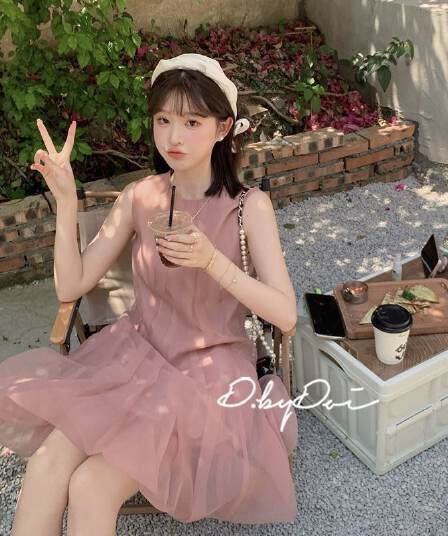 2026 여성 드레스 프랑스식 부드러운 민소매 달콤함 고급 센스 부드러운 한 마디 허리 수축 망사 휴가 바람 치마