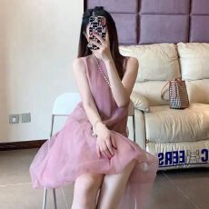 批发夏季<b class='q'>新款</b>法式仙<b class='q'>女</b>连衣裙无袖粉色a字公主裙网纱小个子度假风裙子