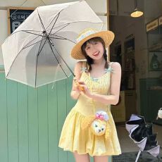 有内里多巴胺黄色甜美小个子度假风波点花苞裙收腰蓬蓬裙