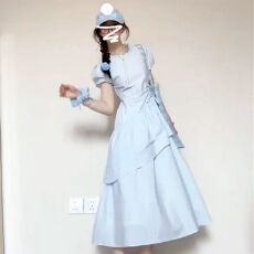 批发霍里德地图 梨形天菜baby蓝夏季<b class='q'>裙</b>子女中长款短袖抽绳蛋糕连衣<b class='q'>裙</b>